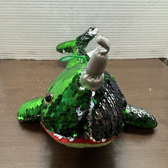 Reversible Sequin Narwhal Plush Green Silver Stuffed Animal Toy Flip Sparkle! - Picture 3 of 8